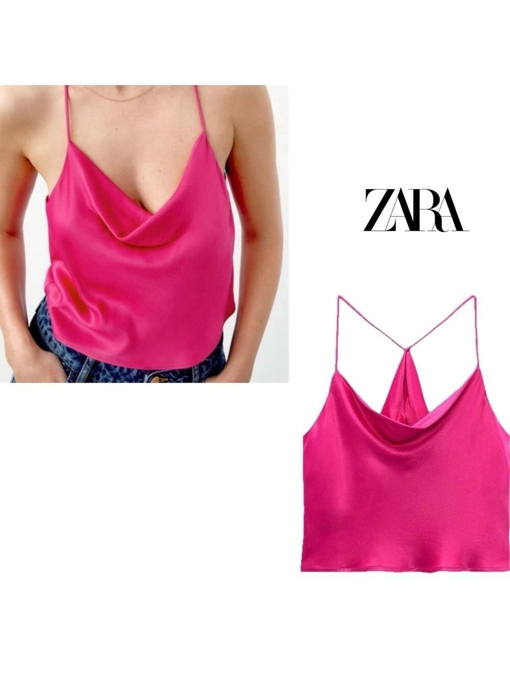 Zara pink satin effect draped cowl neck spaghetti strap camisole top blouse L